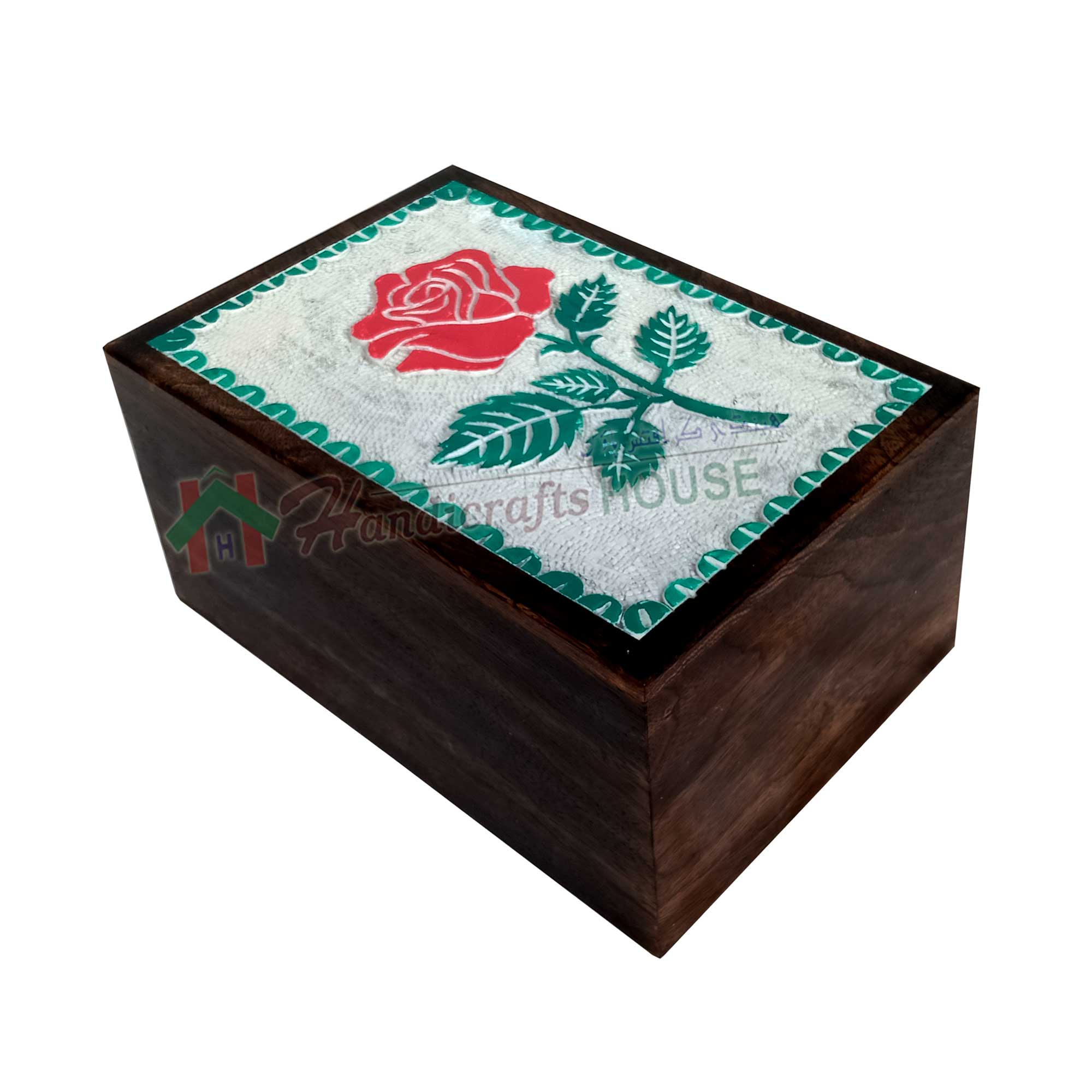 White and Green ROSE FLOWER Wooden Cremation Urns, Wood Funeral Urn for Human or Pet Ashes Adult - Hardwood Memorial Large Box