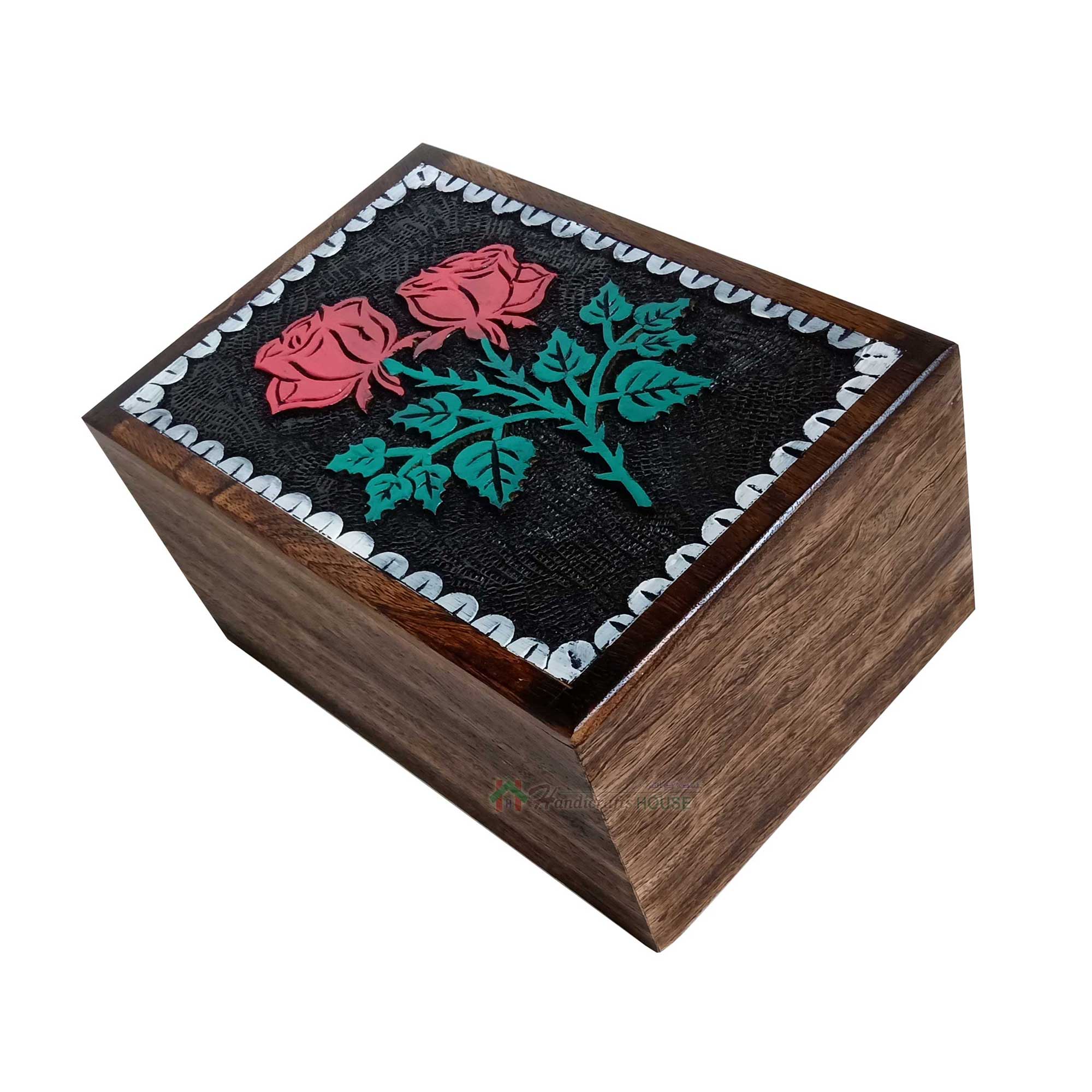 Hands Engraving Rose Flower Wooden Cremation Urns, Wood Funeral Urn for Human or Pet Ashes Adult - Hardwood Memorial Large Box for Loved One