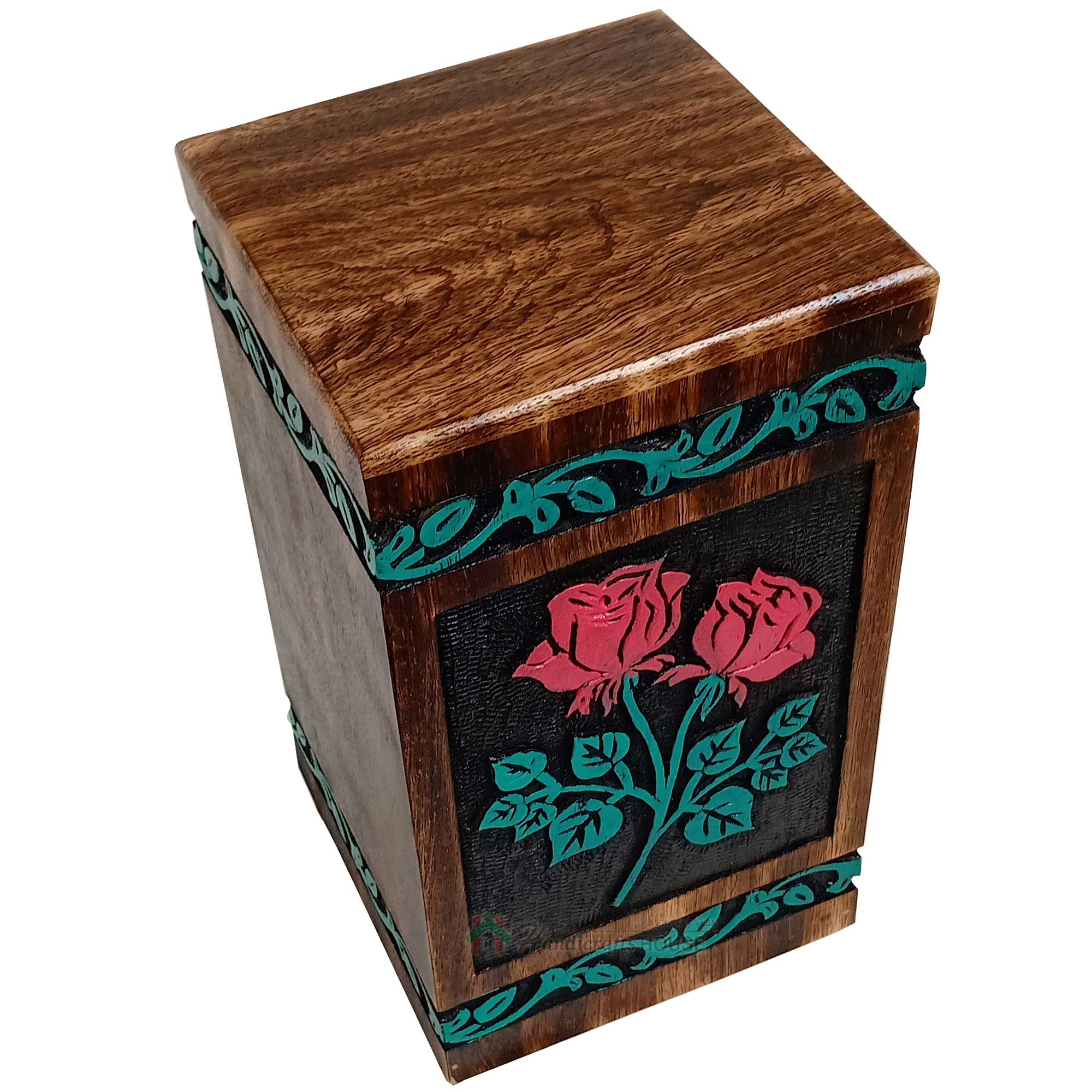 Hands Engraving Rose Flower Wooden Cremation Urns, Wood Funeral Urn for Human or Pet Ashes Adult - Hardwood Memorial Large Box
