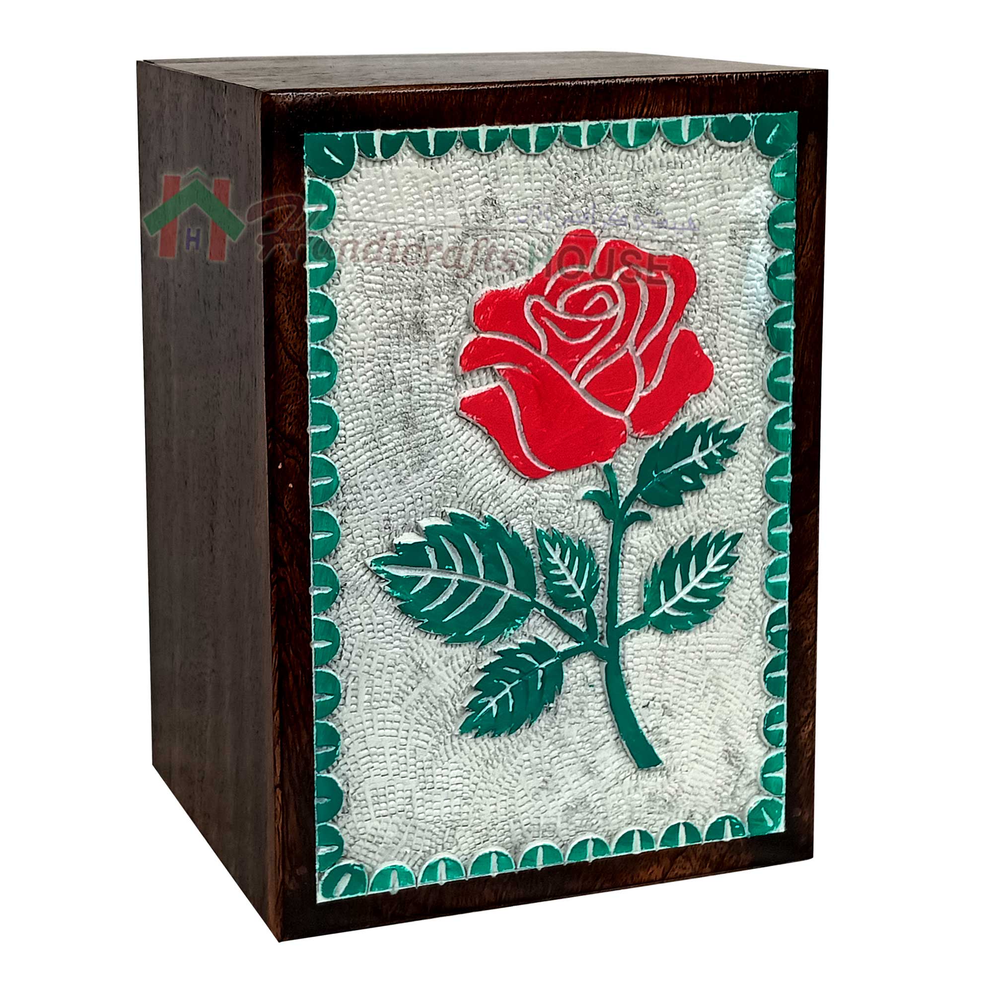 White and Green ROSE FLOWER Wooden Cremation Urns, Wood Funeral Urn for Human or Pet Ashes Adult - Hardwood Memorial Large Box