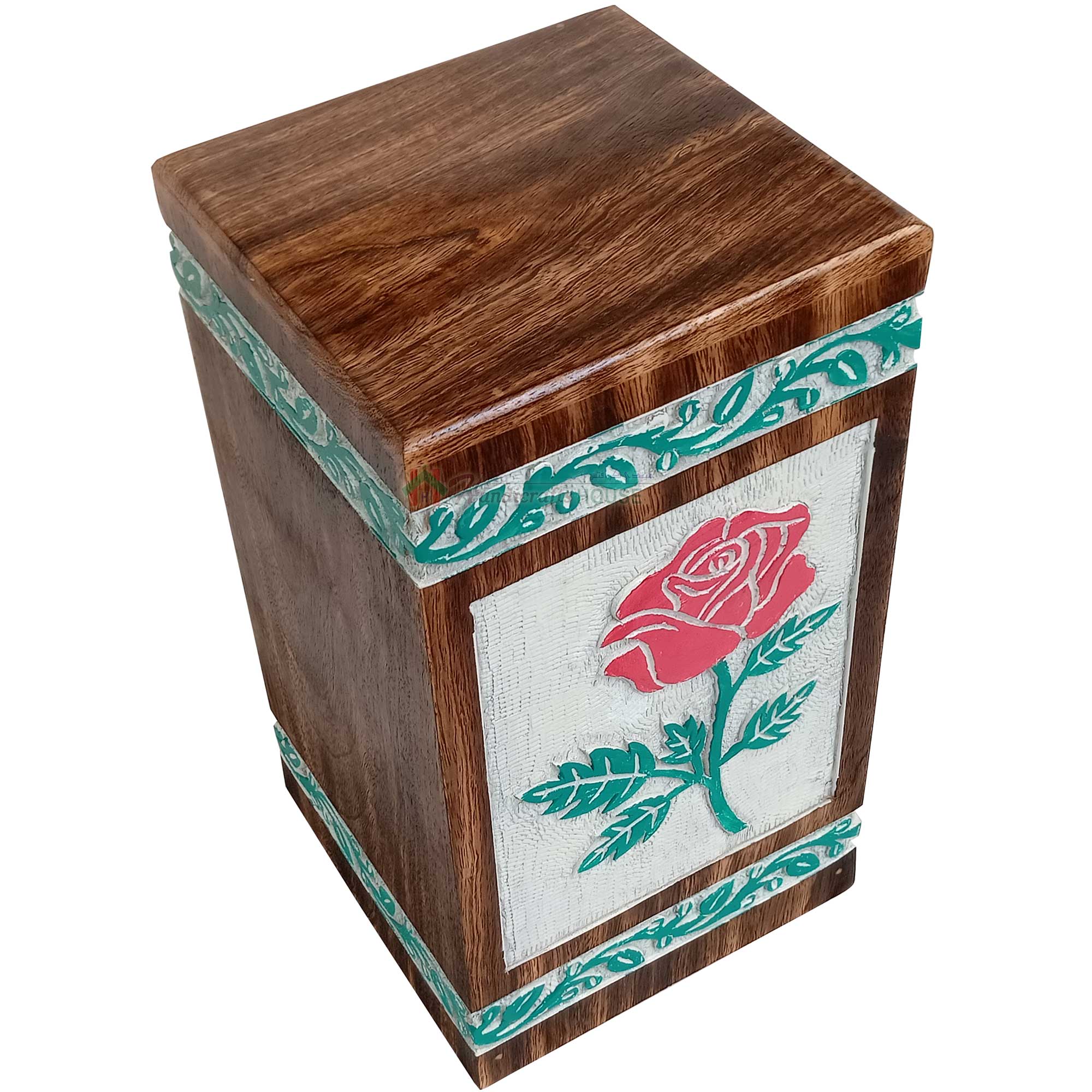 Hands Engraving Flower Urns, Wooden Urn for Pet Ashes -Solid wood Memorial Large Box in White, Green and Red Color